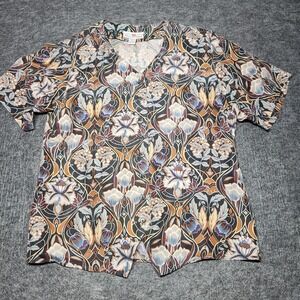 Stunt Collection Womens Vintage Silk Button Down Blouse Floral Abstract Granny L